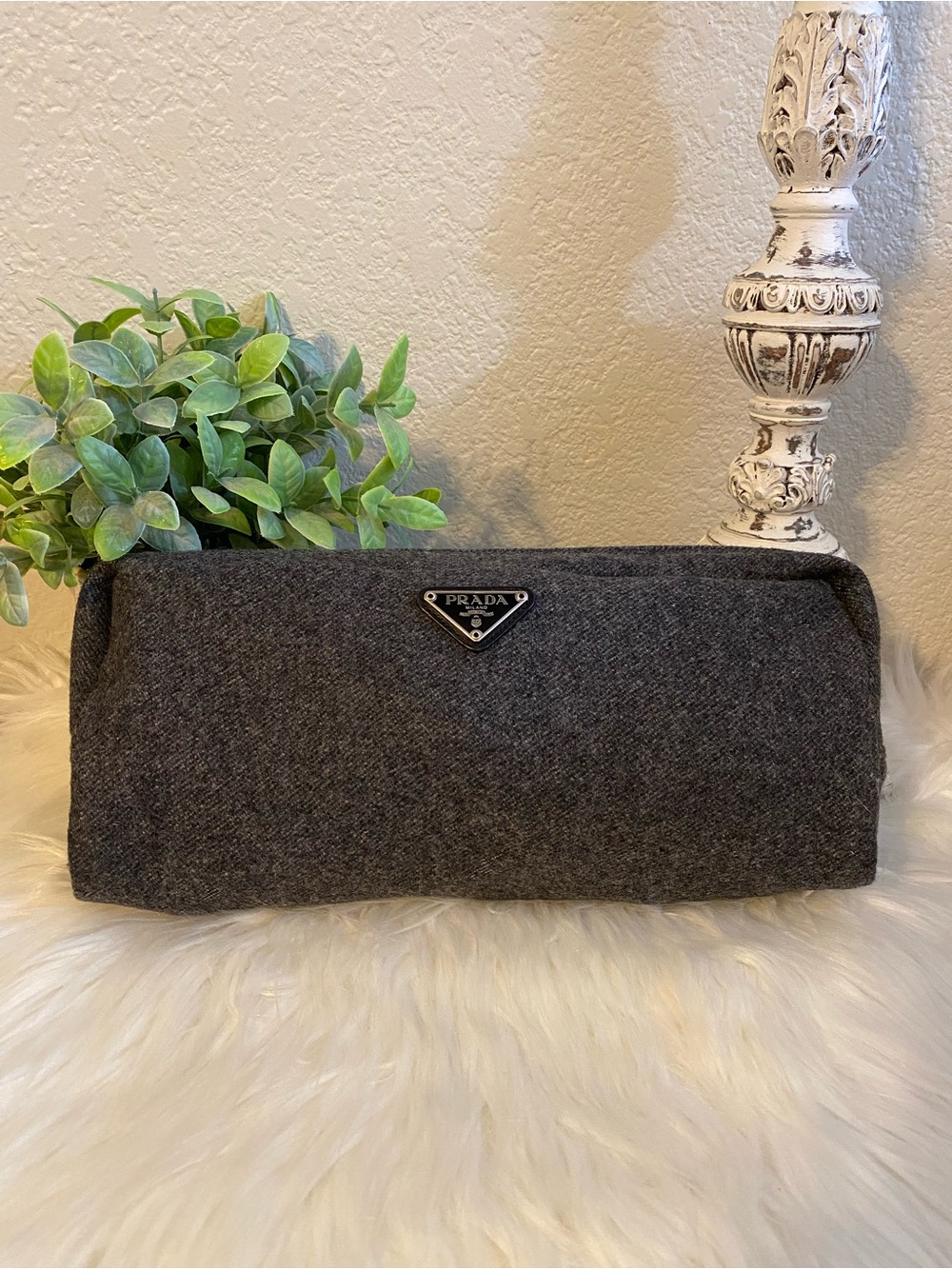 Prada Gray Wool Toiletry Pouch with Triangular Logo